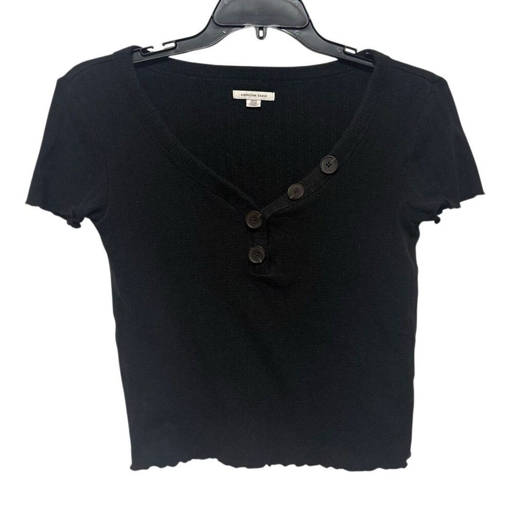 American Eagle Black Cropped Short Sleeve Shirt Size Medium Cotton Blend Ribbed‎